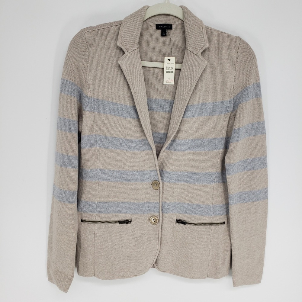 Talbots Striped Knit Sweater Blazer Jacket Women Small Tan Gray Pockets Preppy